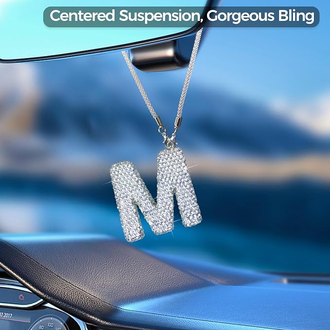 Bling Car Letter Charm, Rear View Mirror Ornament Cute Hanging Crystal Pendant Bling Car Accessories, Lucky Diamond Rhinestone Women Charm Auto Decoration (White M)