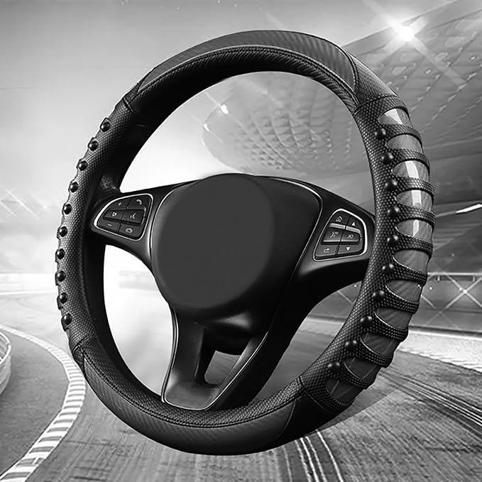 Car Leather Steering Wheel Cover - Carbon Fibre Material, Universal 14.5-15 Inch Leather Anti-Slip Breathable Auto Steering Wheel Covers for Men Women (3D Massage - Sports Black)