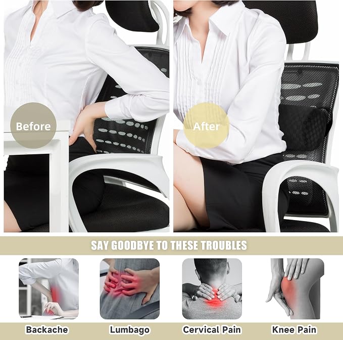 Coeyese Lumbar Roll Pillow for Lower Back Support, Black, Long-15*4.3'' | Removable Pillowcase, Upgraded Adjustable Strap, Suitable for Office, Chair, Car, Seat Pain Relief & Improving Posture