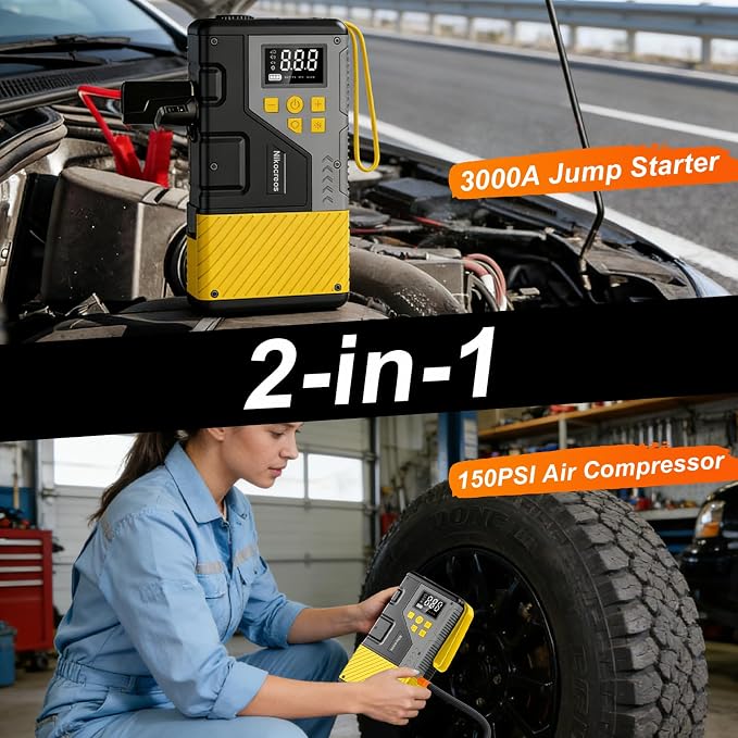 Portable Car Jump Starter with Air Compressor Tire Inflator Battery Jumper | Jump Box 3000A Peak and 150 PSI Air Pump ,for 12L Gas & 10L Diesel Engines,LCD Display,LED Light