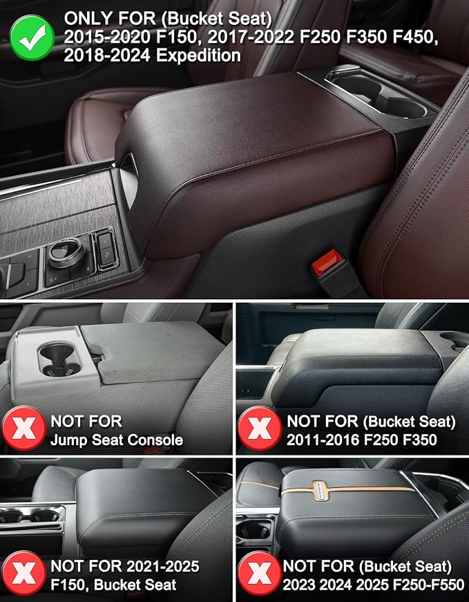 KBH Center Console Armrest Cover for 2015-2020 Ford F150 Platinum, 2017-2022 F250-F550, 2018-2024 Expedition, Bucket Seat, PU Leather Arm Rest Cushion Pad, Anti-Scratch (Not for Other Models)