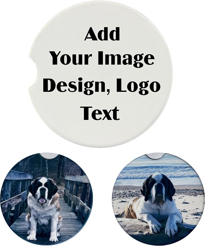 Personalized Car Auto Coasters Custom for Cup Holders Add Your Image Text Logo Absorbent with Fingertip Grip Ceramic Sandstone or Polyester Rubber base 2PCS (Rubber)