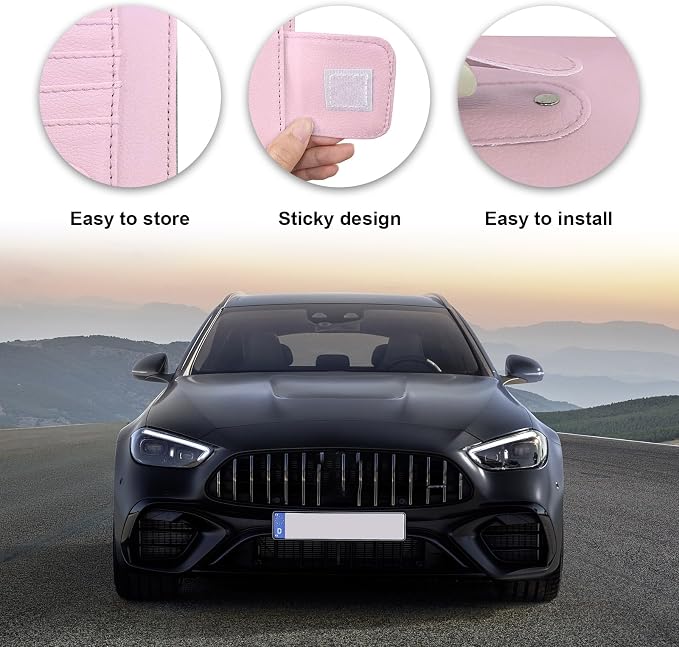 Dickno Small Leather Car Sun Visor Organizer, Multifunctional Auto Visor Document Holder with Sunglasses Clip, Universal Car Interior Organizer for Drving License, Card, Pen (Pink)