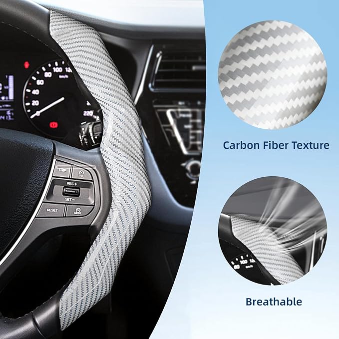 Carbon Fiber Steering Wheel Cover 2PCS Segmented Clip-on Protector (White) | Universal Fit, Anti-Slip Lining, Sporty Style, Car Interior Accessory for Men and Women