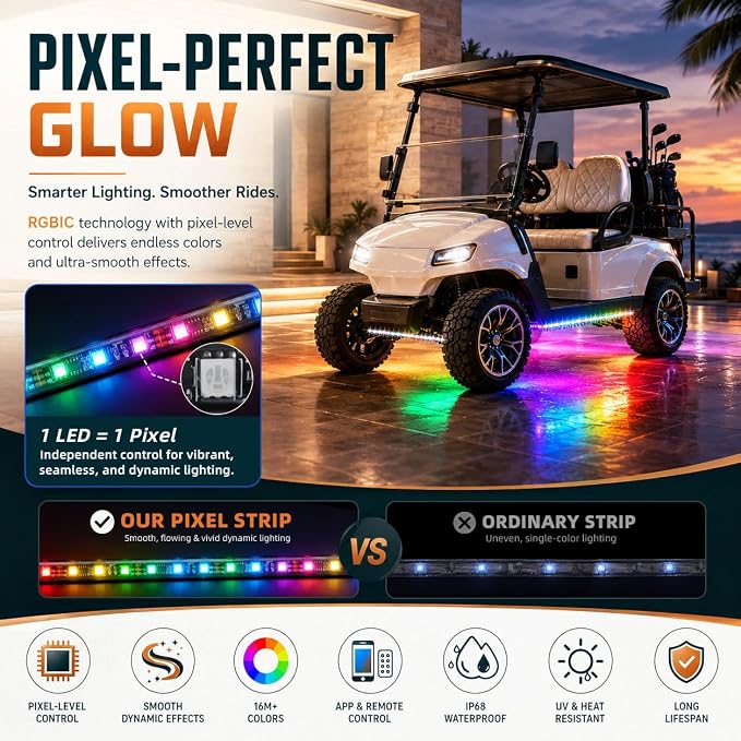 Roykaw Golf Cart LED Strip Lights, Underglow Neon Light Kit Compatible with EZGO/Club Car/Yamaha and Most Brands Golf Carts, Waterproof/LED Decorative Lights/Multi-Dynamic Modes, 4PCS