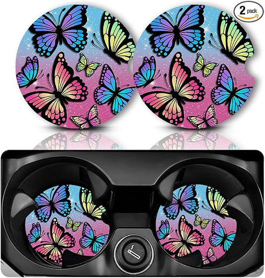 Yonlevres Car Coasters for Cup Holders，2.75" Anti Slip Rubber Mat with A Finger Notch, 2 Pack Car Cup Holder Coasters for Car Interior Accessories for Women Men Butterfly