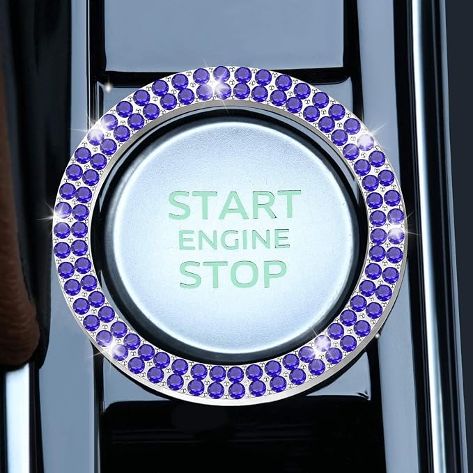 LivTee Car Engine Start Stop Decoration Ring, Crystal Double Rhinestone, Bling Car Interior Accessories for Women, Key Ignition & Knob Bling Ring, Push to Start Button Cover/Sticker, Dark Blue