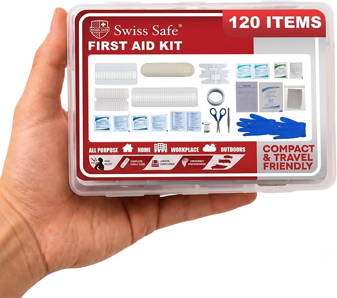 Swiss Safe Mini First Aid Kit – 120 Pcs Compact Hard Shell Medical Kit for Home, Car, Travel, Camping, Hiking, Sports, Office & Outdoor Emergencies, Small Hardcase FAK