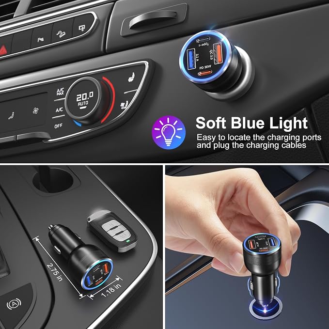 65W USB C Car Charger, 4 Port Fast Cigarette Lighter USB Charger Adapter | QC/PD 30W Car Phone Charger, Dual 12V USB Car Outlet Adapter Plug for iPhone 16 15 14 13 iPad Pro,Samung(Black)