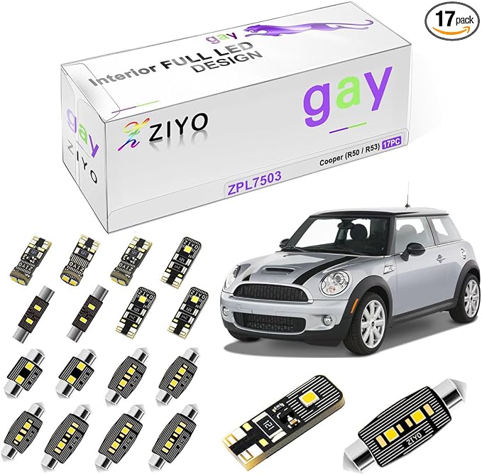 ZIYO ZPL7503- LED Interior Light Kit for MINI COOPER Mini ONE R50 R53 2001-2007 Dome Light Bulbs Replacement Package, 6000K Xenon White LED Lights Accessories Upgrade Error Free (17 Bulbs)