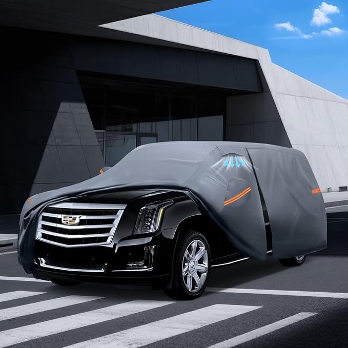 Large SUV Car Cover for Cadillac Escalade 100% Waterproof All Weather, Heavy Duty Outdoor Full Exterior Covers Rain Sun Wind UV Protection.
