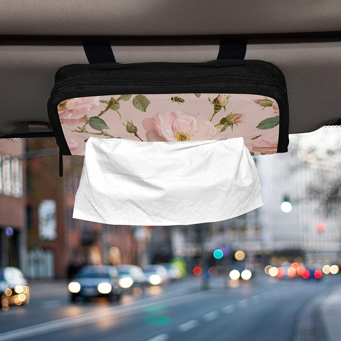 Cute Pink Rose and Bees Car Tissue Holder Durable Napkin Holder Hanging Tissue Holders Case Car Tissues Bag for Sun Visor Seat Back Universal Auto