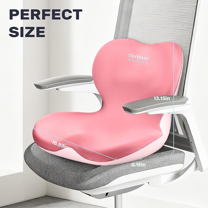 Coverado Seat Cushion and Lumbar Support Pillow One Piece for Car Office Chair, Ergonomic Memory Foam Desk Chair Cushion Back Support Pillow, Sciatica & Back & Tailbone Pain Relief Cushion-Pink