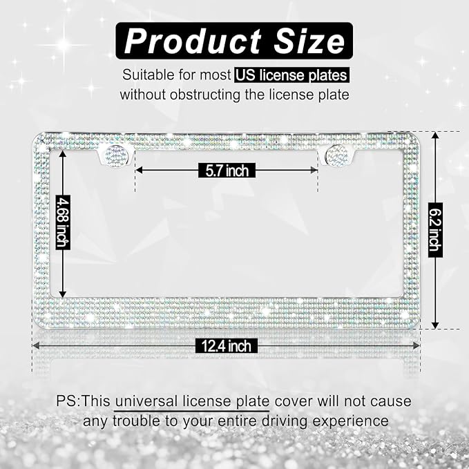 Amiss Bling License Plate Frame for Women, 2Pack Rhinestone Handcrafted Crystal Premium Stainless Steel, Stainless Steel Car Decorative Accessories with Diamond Sparkle Glitter Caps (Colorful)