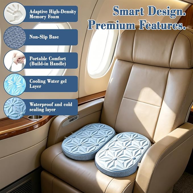 Cooling Gel Enhanced Memory Foam Seat Cushion, Desk Chair Seat Cushion, Office Chair Cushions, Foldable Portable, Back Sciatica Coccyx Tailbone Pain Relief, Driving Car Airplane Wheelchair Bleachers