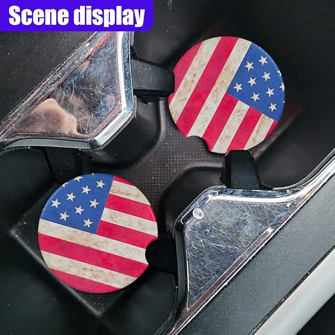 Craedli 2PCS American Flag Car Coasters for Cup Holders, 2.51" Absorbent Ceramic Anti-Slip Drink Insert Car Cup Holder Coaster with Finger Notch, Universal Auto Interior Accessory for Women Men (Red)