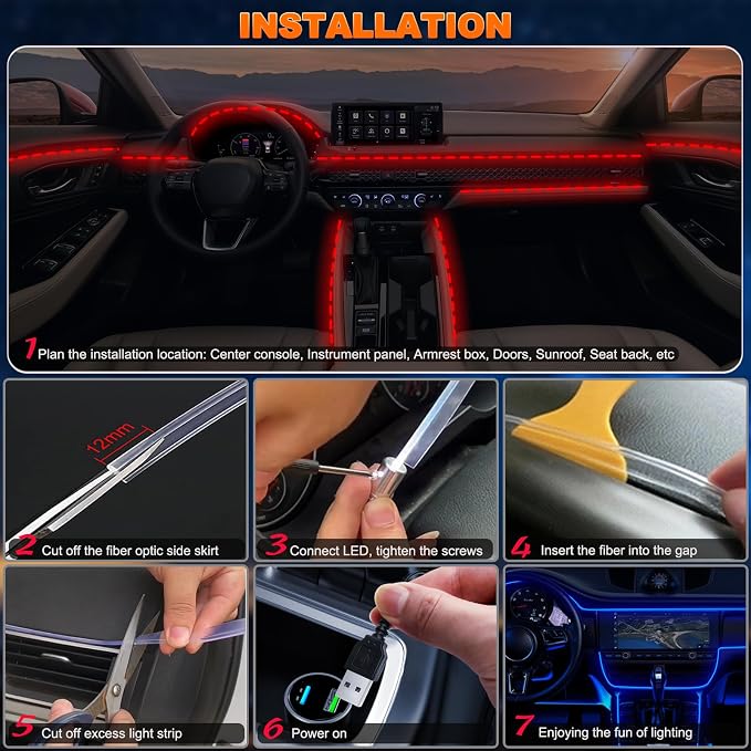 Jushope Car LED Lights, Interior Car Lights with Wireless APP/RF Remote/Button Control, Car Ambient Lighting Kit with 236" Integrated Molding Fiber Optic RGB Sync to Music (USB)
