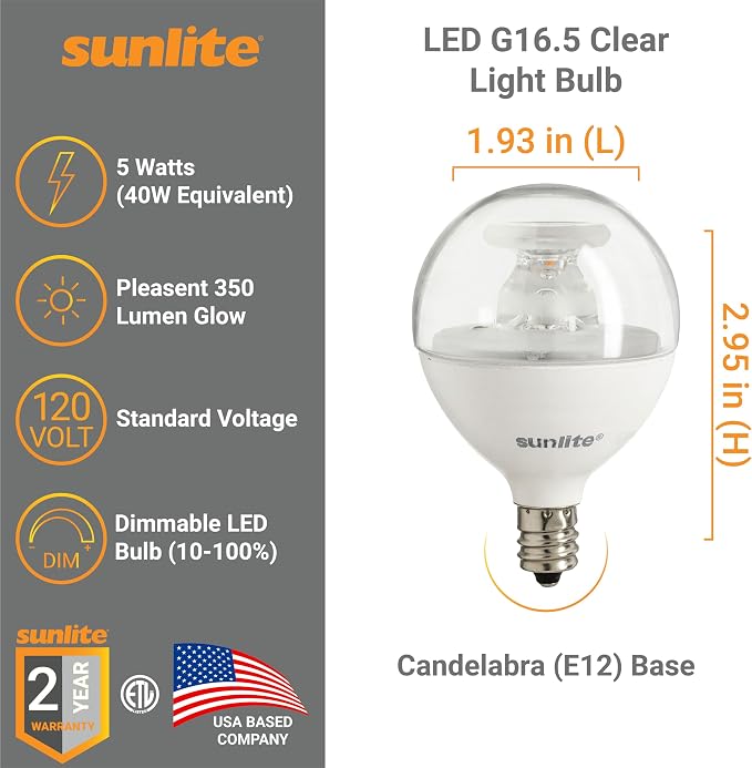 Sunlite G16.5 Light Bulb LED, 5 Watts (40W Equiv.), 350 Lumens, Dimmable, Type G Globe Shape E12 Candelabra Base, Short Bulbs, Vanity Mirror Bulbs, 4000K Cool White, Clear, 6 Count