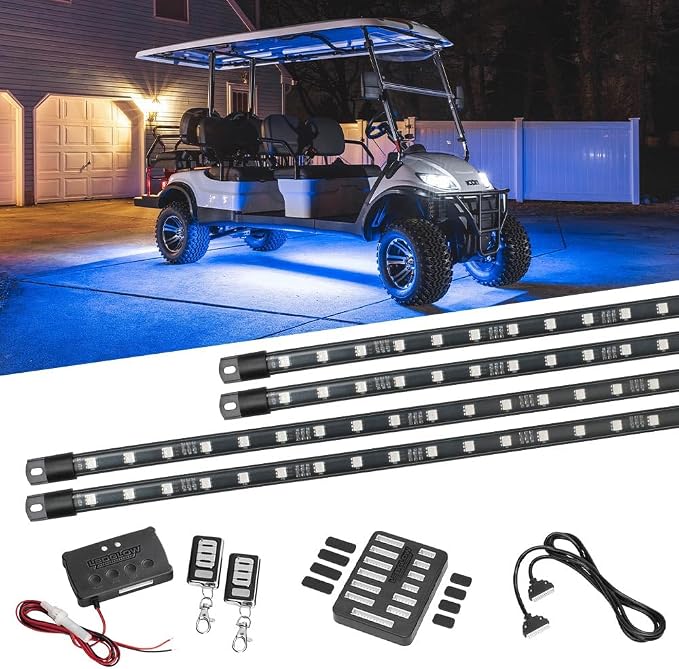 LEDGlow 4pc Million Color LED Golf Cart Underglow Kit for 12V 6-Seater | Accent Neon Lights Fit EZGO Yamaha Club Car ICON, Multi-Color Water Resistant Flex Tubes, 10 Solid Colors, 16 Modes