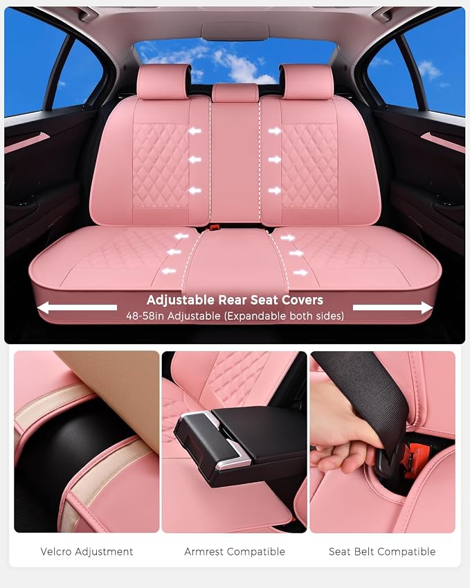 Huidasource Pink Seat Covers, Nappa Leather Car Seat Covers, Velcro Adjustable, Compatible with Airbags, Child Seat, Seat Belts, Fit for Most Cars, Vans, Trucks, SUVs (Full Set/Pink)