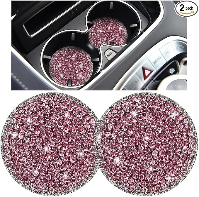 Bling Car Cup Holder Coaster, 2PCS 2.75 Inch Crystal Rhinestone Anti Slip Vehicle Drink Cup Mat for Women Girls, Auto Interior Embedded in Ornaments. Universal for SUV RV Truck (Pink)
