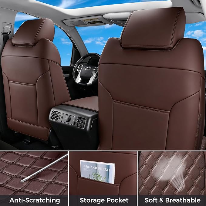 Huidasource Coffee Seat Covers Fit for Toyota Tacoma 2005-2015 Double & Crew Cab Base Prerunner SR5 Limited TRD Sport, Automotive Waterproof Leather Car Seat Cushion Cover(Full Set/Coffee)