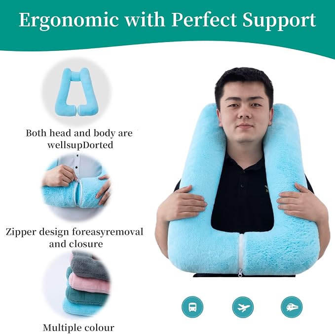 FHSGGP Travel Pillow Upgraded Version of Aircraft Travel Neck Pillow | with Storage Bag, Sleep Pillows for Travel by Train, Car, or Plane, Supporting The Head and Body, Travel Pillow for Kids Blue