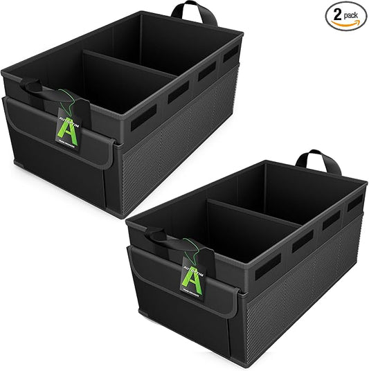AUTOPTIM Car Trunk Organizer - Collapsible Car Organizer with Non Slip Bottom & Multiple Pockets for Groceries, Trunk Storage with Base Panel for SUV Sedan Van, 2 Compartments (Black, Medium, 2 Pack)