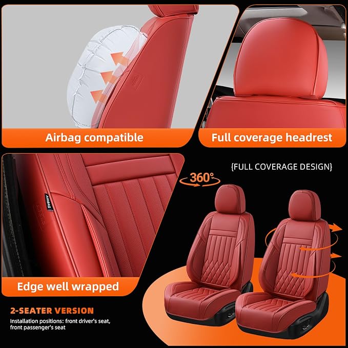 Universal 2-Seater Waterproof Breathable Nappa Leather Car Seat Covers Full Set, Fit for Front Seats, Compatible with Dodge Journey, Toyota Yaris, Honda Pilot HR-V City, Fit Most Sedans SUV Red