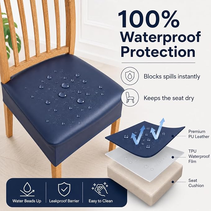 NILUOH Waterproof Seat Covers for Dining Room Chairs Set of 4, Pu Leather Chair Seat Slipcovers Dining Chair Cover Removable Washable Chair Protctor Cover, Rear Covers (PU-Navy)