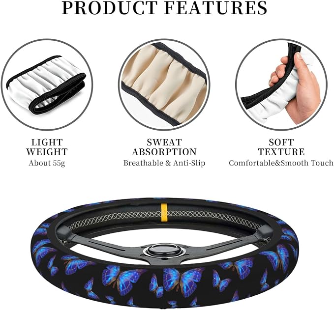 Blue Butterfly Neoprene Steering Wheel Cover Anti-Slip Elastic Steering Wheel Protector 15in Universal Car Accessories Fit Cars, SUVs, Auto