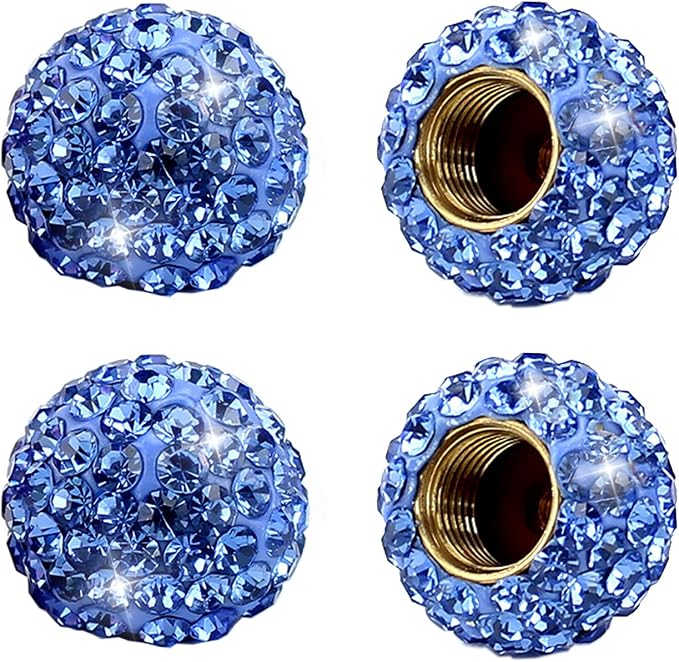 Car Wheel Tire Valve 4 Pack Handmade Crystal Rhinestone Tire Valve Stem Air Caps Cover Bling Car Accessories (Blue)