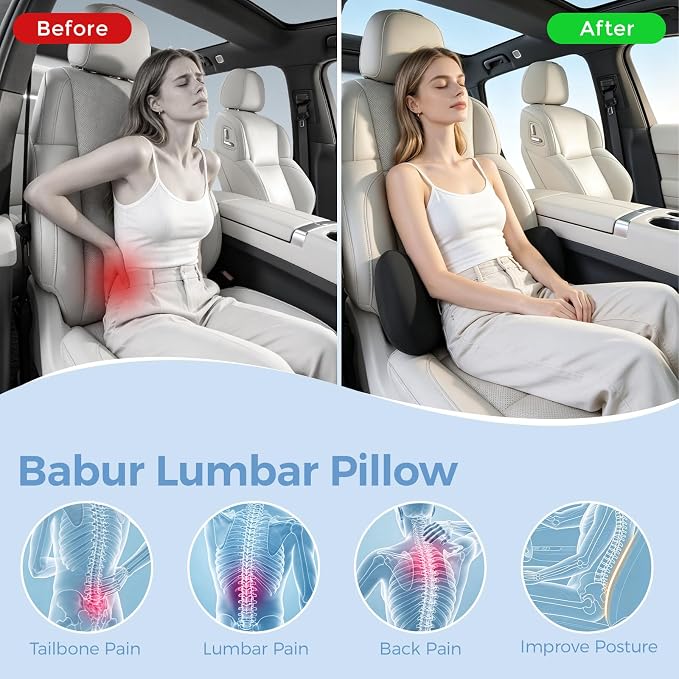 BEBAS Lumbar Support Pillow for Car, Memory Foam Back Cushion for Driving | Ergonomic Wing Wrapping, Back Pain Relief, Breathable Removable Cover, Softness, Universal Fit Car Seat, Office Chair
