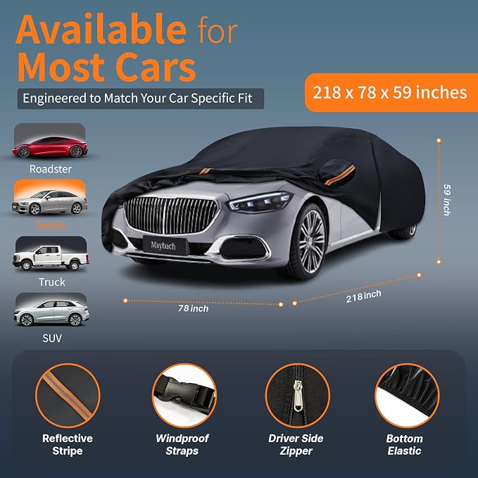 Car Cover Outdoor Coupe Covers(Length up to 218 inch) Universal Fit for Mercedes-Benz S-Class,BMW 7 Series,BMW i7,Audi A8 S8,Cadillac DeVille,Bel Air,Caprice, etc,Size C6(See Size Chart)
