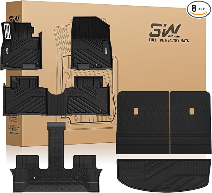 3W Floor Mats with Metal Pedals & Backrest Mats Cover& Cargo Liners for Hyundai Palisade 2026 7&8s(Only Fit Hybrid), TPE All Weather Custom Fit Floor Liner & Tunk Mats 1st &2nd Rows Car Mats