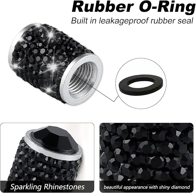 Alpmosn Car Wheel Tire Valve Caps, 4 PCS Bling Tire Valve Caps, Crystal Tire Caps Shinny Rhinestone for Women, Universal Car Dustproof Tire Valve Caps for Cars, Trucks, SUV and Motorcycles (Black)