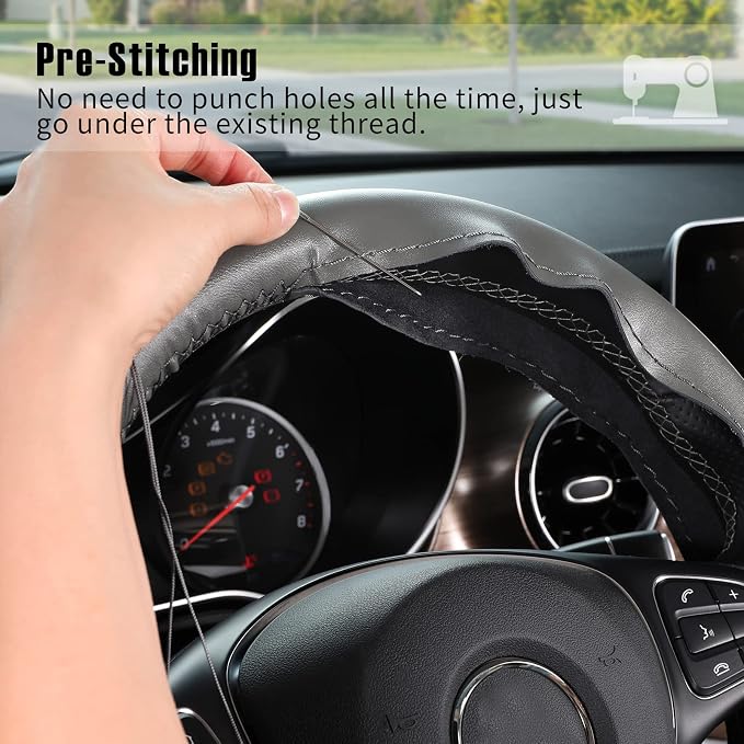 SEG Direct Genuine Leather Steering Wheel Cover, Stitch On Wrap, 15 Inch Steering Wheel Wrap for Car Truck SUV Pickup Boat, DIY Sewing with Needle Thread, Gray