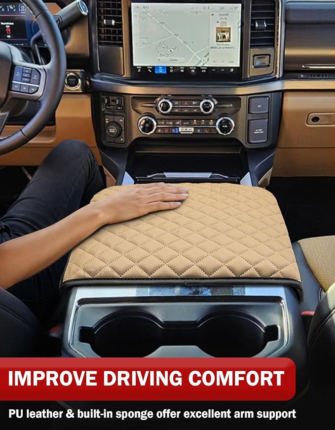 KBH Center Console Armrest Cover for F250-F550 Super Duty 2023-2026, Bucket Seat, Vinyl Leather Interior Trim, Arm Rest Lid Cushion Rrotector, Anti-Scratch, Baja Tan