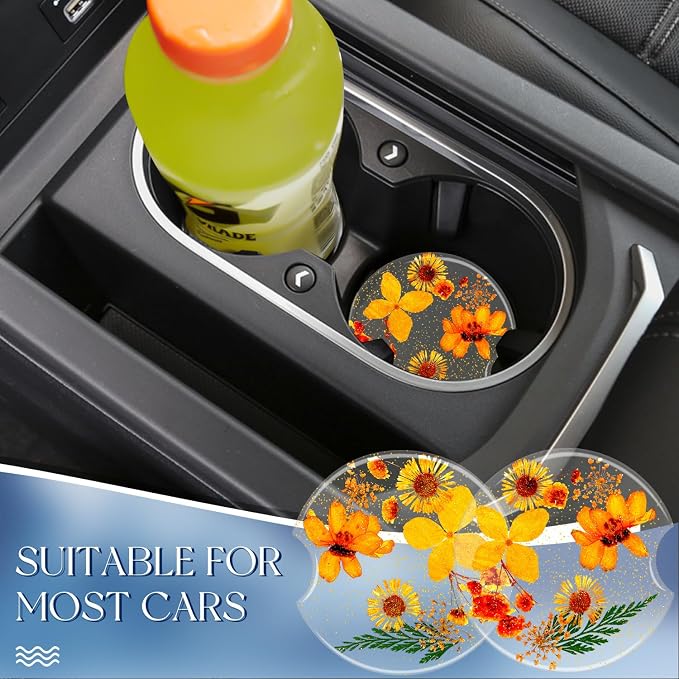 Swooflia Flower Car Cup Holder Coasters for Women - 2.75 Inch Cute Resin Clear Automotive Drink Cupholder Insert Car Accessories 2 Pack Orange Yellow