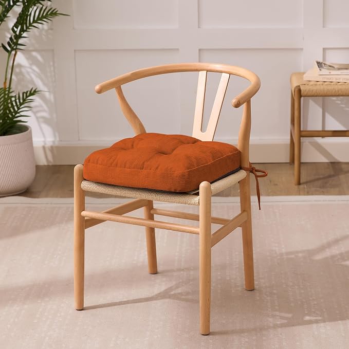 IASEAHK Chair Cushions for Dining Chairs, Dining Chair Cushions, Tufted Indoor Chair Pads with Ties & Non Slip Backing, Seat Cushions for Kitchen Chairs 16.5” x 16.5” x 3.5”, Set of 4, Orange