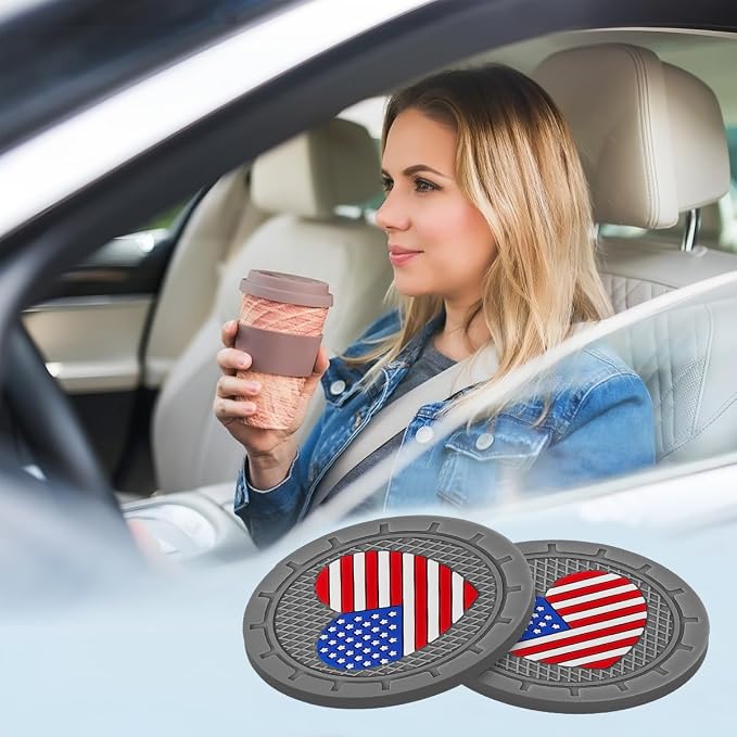 AUCELI 2 Pack Car Cup Holder Coasters, Colored American Flag US Flag Insert Car Cup Coaster, 2.75 Inch Anti Slip Shockproof Embedded Drink Mat, Vehicle Interior Decor Accessories