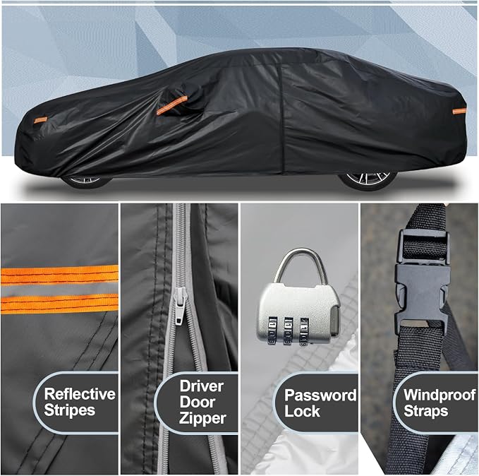 kayme Car Cover for Automobiles All Weather Waterproof with Lock and Zipper Door, Outdoor Cover Sun Uv Rain Protection, Fit Sedan (186 to 193 Inch) H3/Black