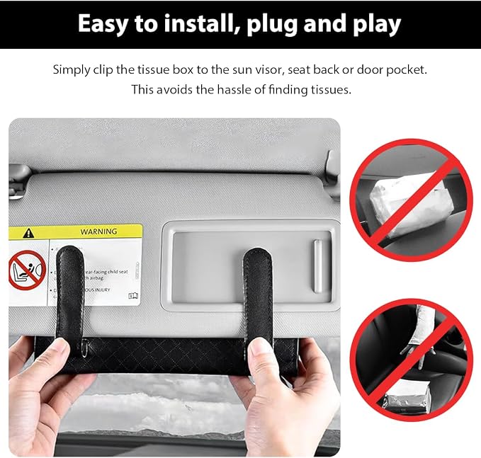 Car Tissue Holder, Leather Sun Visor Hanging Napkin Holder with Tissue Refill, Clip-On Visor Mask Dispenser Premium Paper Towels Case for Vehicles, Universal Car Accessories (Black)
