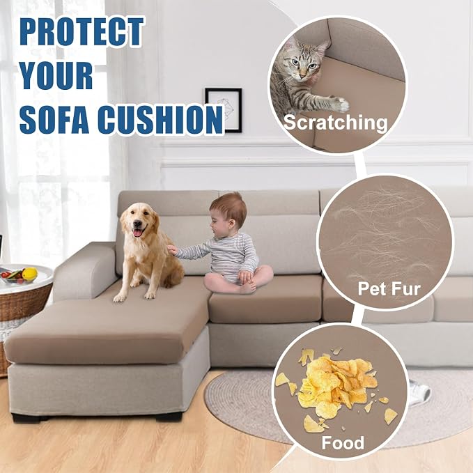 100% Waterproof Couch Cushion Covers, Stretch Sofa Seat Cover, Reversible Loveseat Cushion Furniture Protector Covers for Pets, Washable (Medium, Camel)