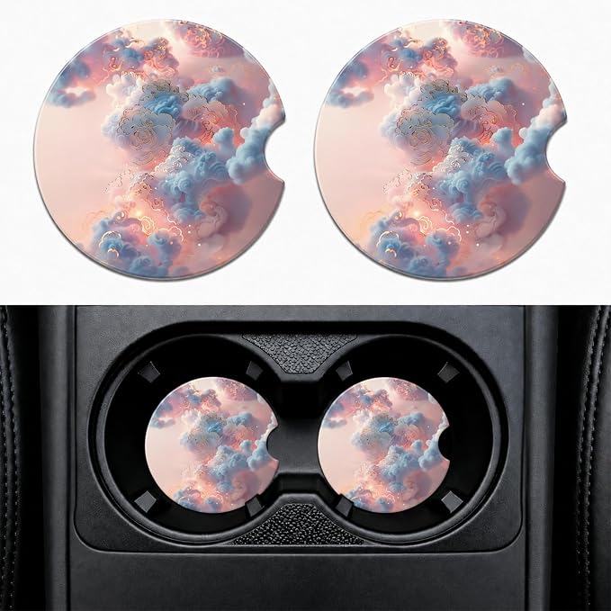 2Pack Car Cup Holder Coasters Absorbent Ceramic Coaster 2.56" for Women & Men Cute Car Accessories Pink Clouds