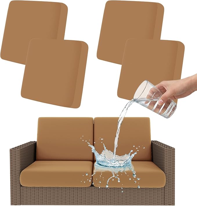 Smiry Waterproof Patio Cushion Covers, Stretch Outdoor Couch Slipcovers Replacement Washable Furniture Protector Sofa Chair Seat Cover for Dogs and Pets (4 Pcs, Camel)