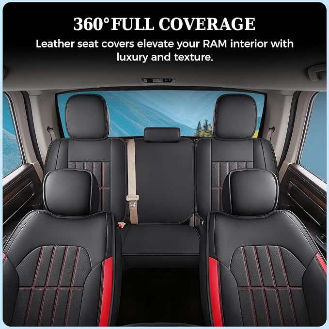 Truckiipa Seat Covers for Dodge Ram 1500 Full Set, Full Coverage Waterproof Leather Protectors Pickup Truck Accessories, Custom Fit for 2002-2026 Ram 1500 2500 3500 Crew Mega Cab, Red