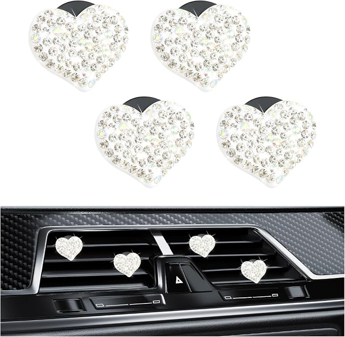 4PCS Bling Car Vent Clips with Rhinestone,Cute Heart Air Vent Clips for Interior Decorating,Shiny Air Vent Clips Car Accessories as Birthday Gifts for Women & Girls (White)