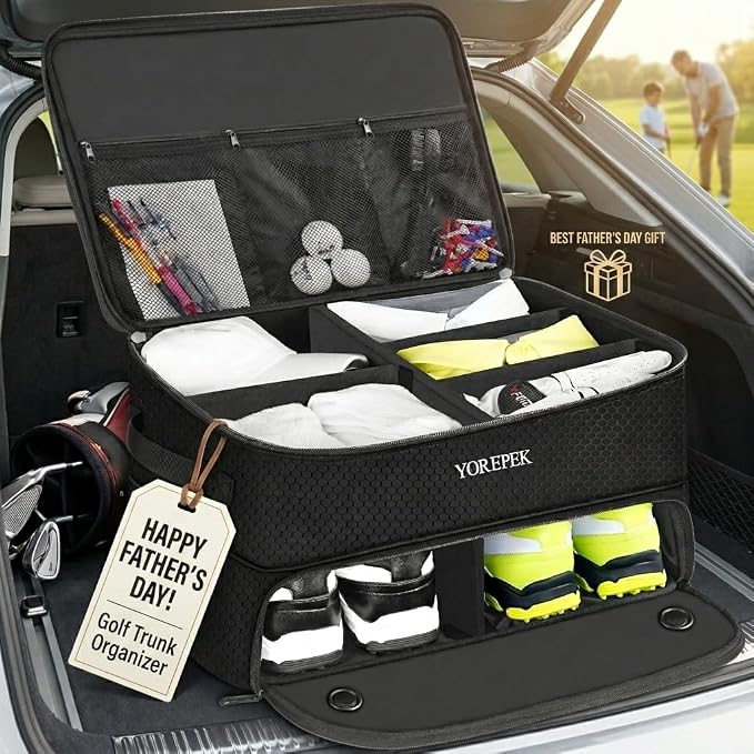 YOREPEK Golf Gifts for Men, 2 Layer Golf Trunk Organizer for 2 Pair Shoes | Waterproof Car Trunk Locker with Separate Ventilated Compartment for Balls, Tees, Clothes, Gloves, Birthday Gifts for Golfers