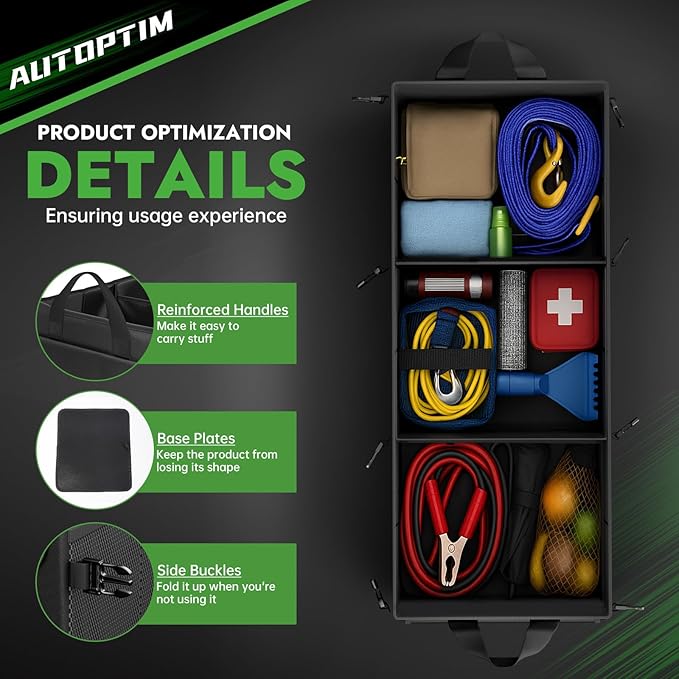 AUTOPTIM Car Trunk Organizer - 85L Collapsible Car Organizer with Non Slip Bottom & Multiple Pockets for Groceries, Trunk Storage with Base Panel for SUV Sedan Van, 3 Compartments (Black, X-Large)